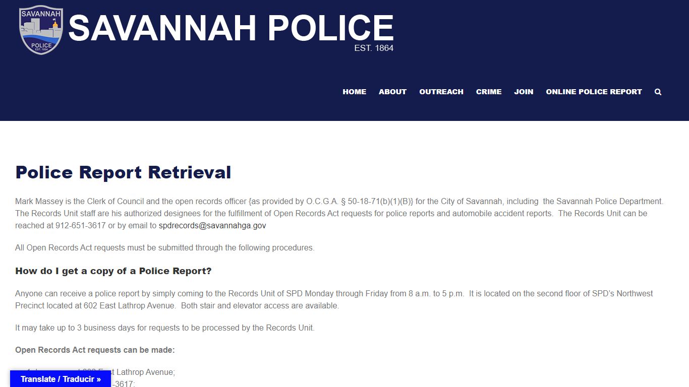 POLICE REPORTS / OPEN RECORDS – SAVANNAH POLICE